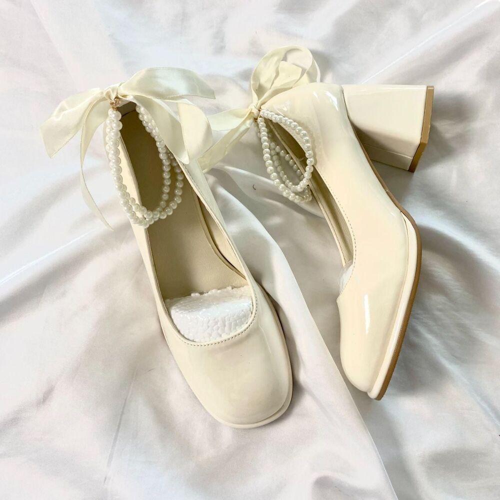 Luulla NEW ivory square toe block heels pearl ankle straps ribbon bow ties 7.5